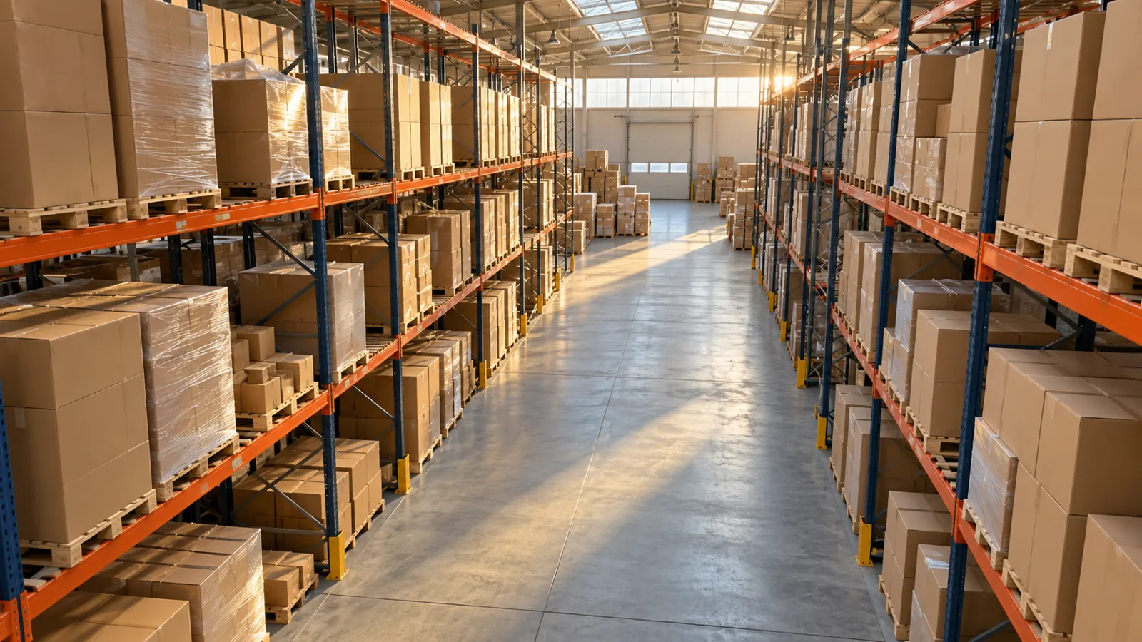 Allée de stockage d'un entrepôt en fin de journée, surveillée par l'IA