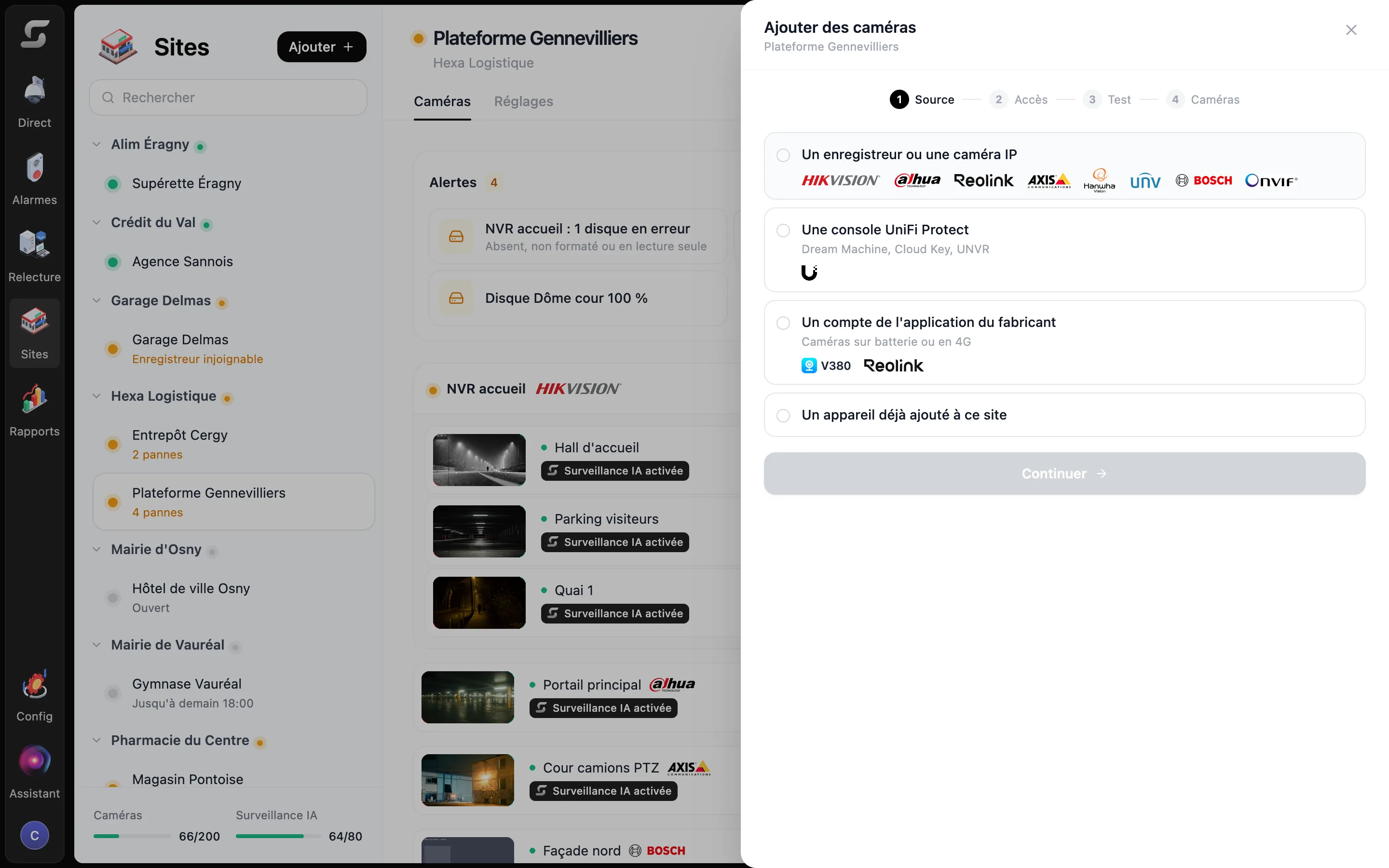 Ajout d'un appareil dans Sentrallia : Hikvision, Dahua, Reolink, Axis, Hanwha, Uniview, Bosch, ONVIF, UniFi Protect et V380